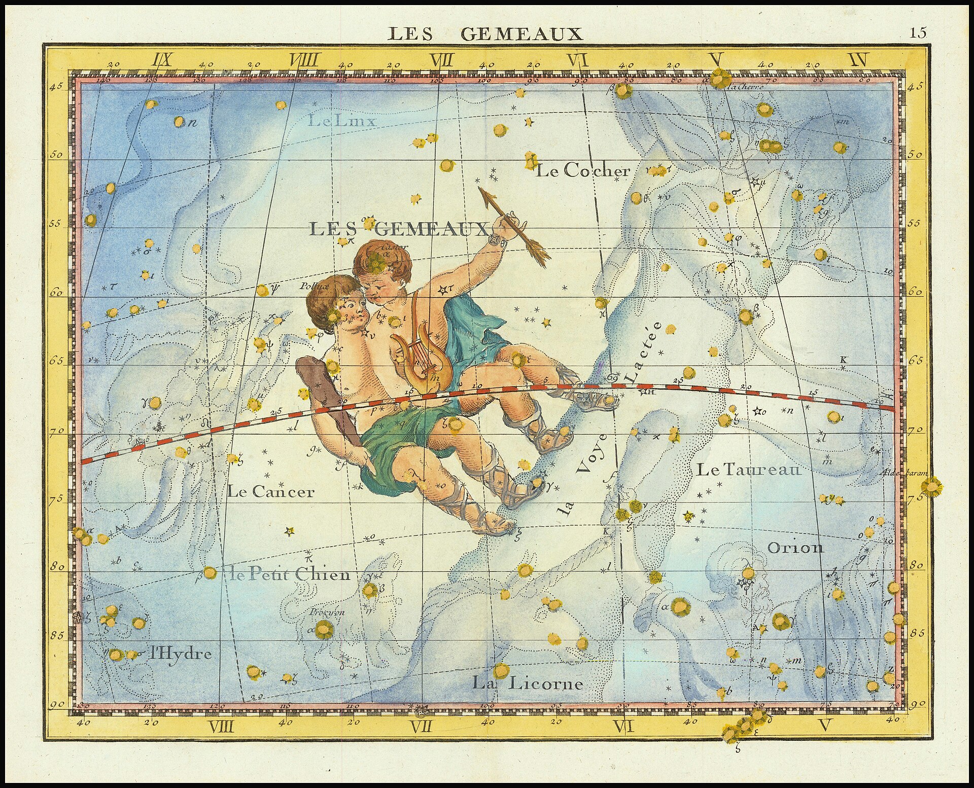Carte ancienne de la constellation des Gémeaux par John Flamsteed, 1776
